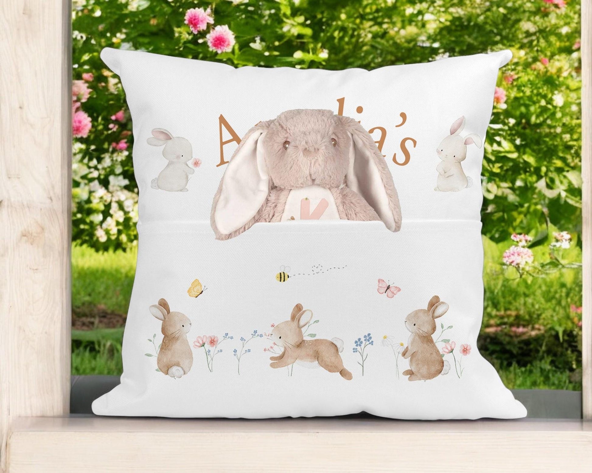 Personalised bunny book cushion with cover and insert included