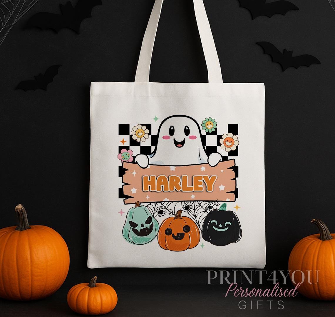 Personalised retro ghost Halloween tote bag shown at full size, 42 x 38 cm, ideal for trick-or-treating.