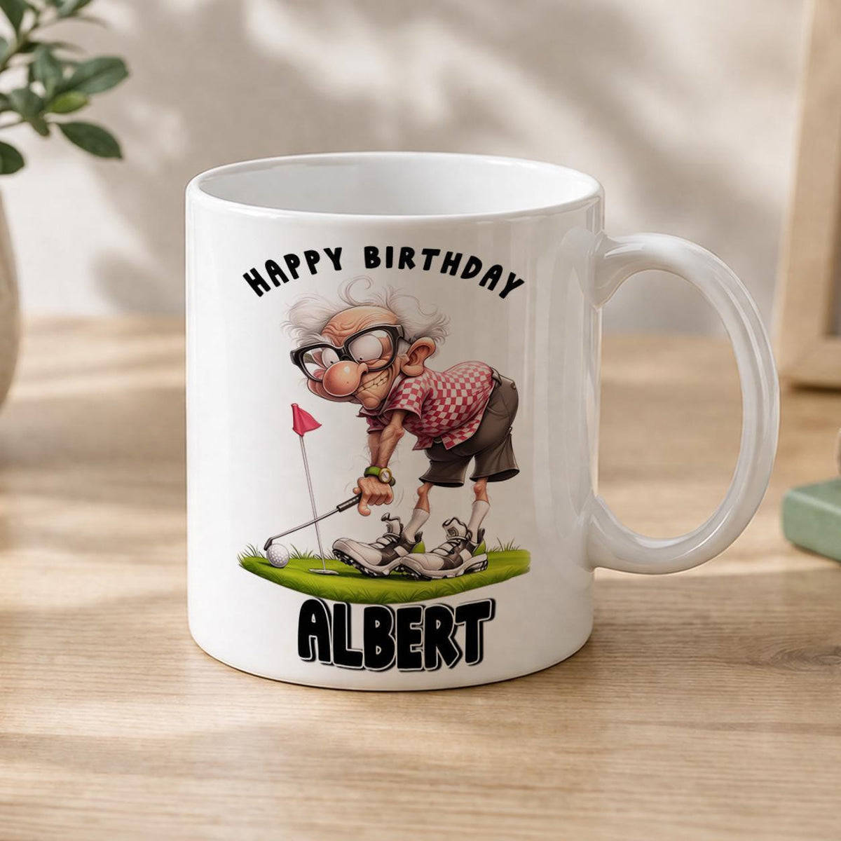 White ceramic mug printed with a funny golf design, personalised with a name, gift for dad