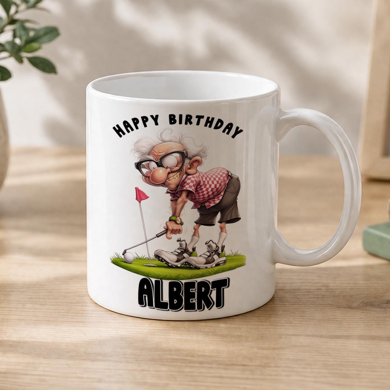 White ceramic mug printed with a funny golf design, personalised with a name, gift for dad
