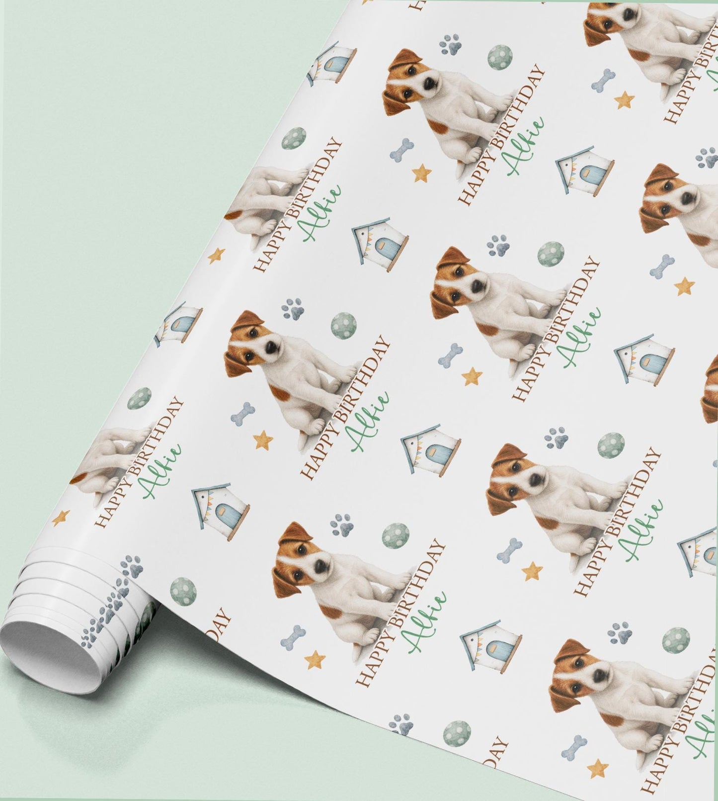 Personalised Jack Russell Terrier birthday wrapping paper featuring a cheeky dog, custom name, paw prints and dog toys.