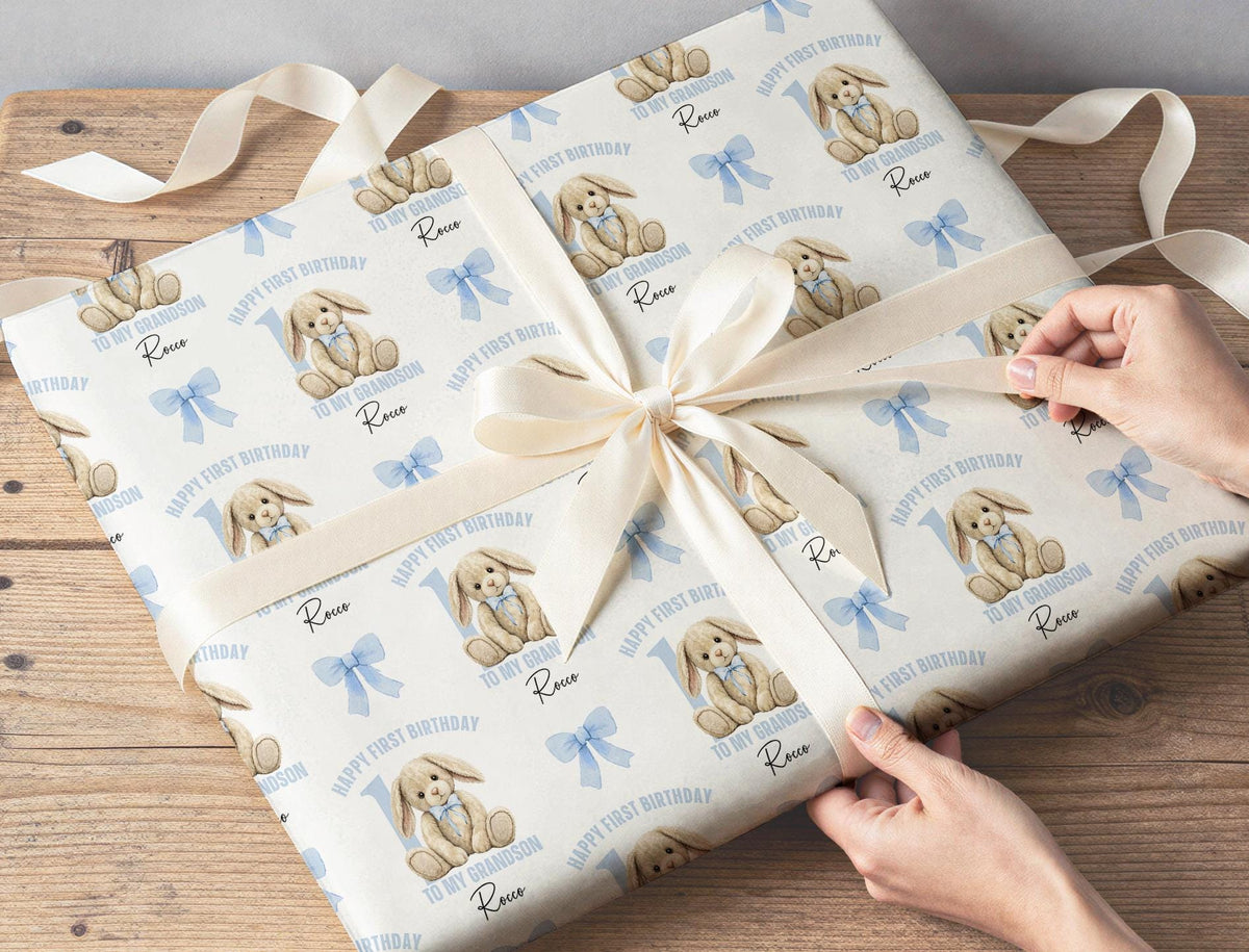 Personalised rabbit 1st birthday wrapping paper rolled ready for gift wrapping