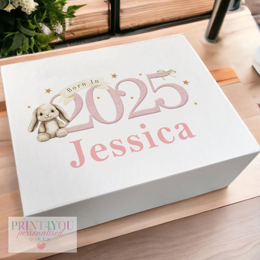 Personalised Baby First Birthday Keepsake Box – Sturdy White Card with Magnetic Closure Pink Bunny Rabbit Design for Girls Born in 2025 - Medium 16x20x8 cm Centimeters