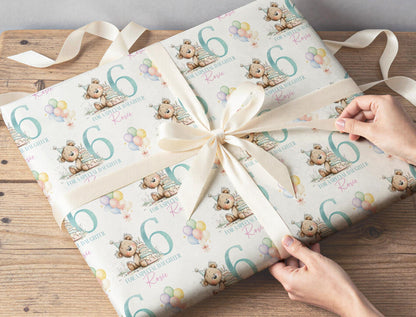 Personalised Birthday Wrapping Paper, Teddy Bear Pastel Balloon