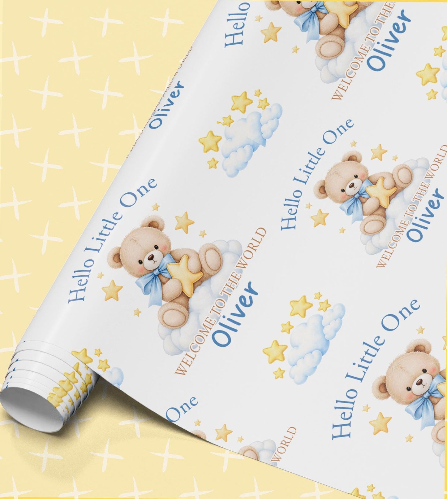 Personalised Hello Little One new baby wrapping paper roll with teddy bear, yellow stars and the name Oliver