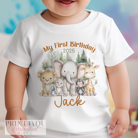 Personalised safari animal 1st birthday bib, printed with baby's name and a lion cub, elephant and giraffe design.
