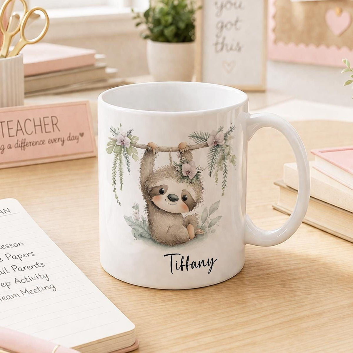 Personalised sloth mug with relaxing floral design