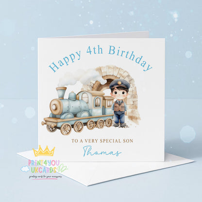Square birthday card printed with a colourful steam train design, personalised with the child's name and age