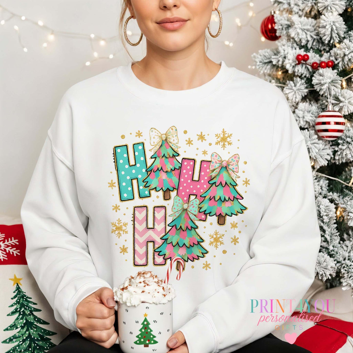 Ladies pastel Christmas jumper in X Small, Ho Ho Ho design in pink, mint and gold