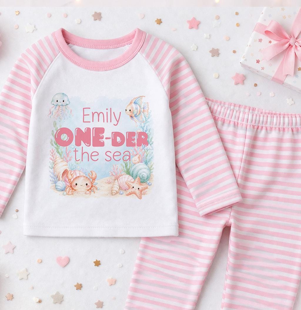 Personalised under the sea 1st birthday pyjamas with the child's name printed on soft cotton