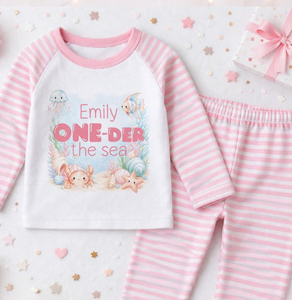 Personalised under the sea 1st birthday pyjamas with the child's name printed on soft cotton