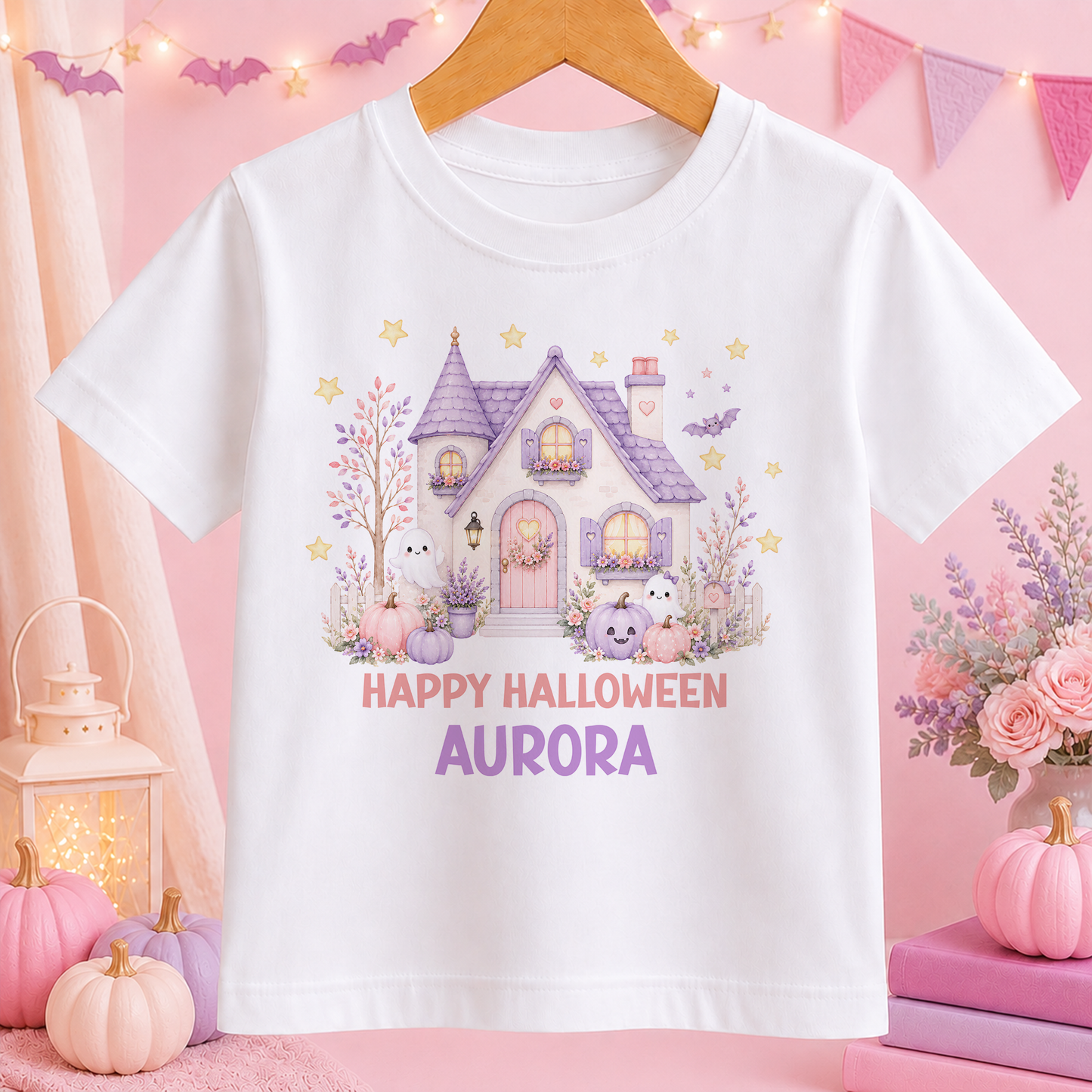 A white t-shirt with a Halloween-themed graphic design, including a house, bats, pumpkins, and a "Happy Halloween Aurora" text. The t-shirt is hanging on a wooden hanger, and there are decorative elements such as pumpkins and a garland in the background.