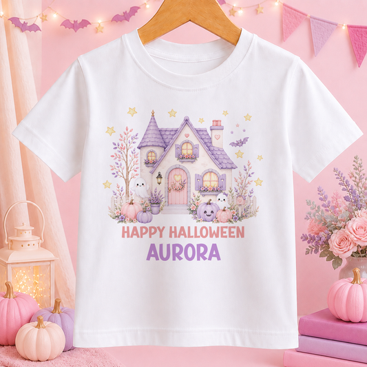 A white t-shirt with a Halloween-themed graphic design, including a house, bats, pumpkins, and a "Happy Halloween Aurora" text. The t-shirt is hanging on a wooden hanger, and there are decorative elements such as pumpkins and a garland in the background.