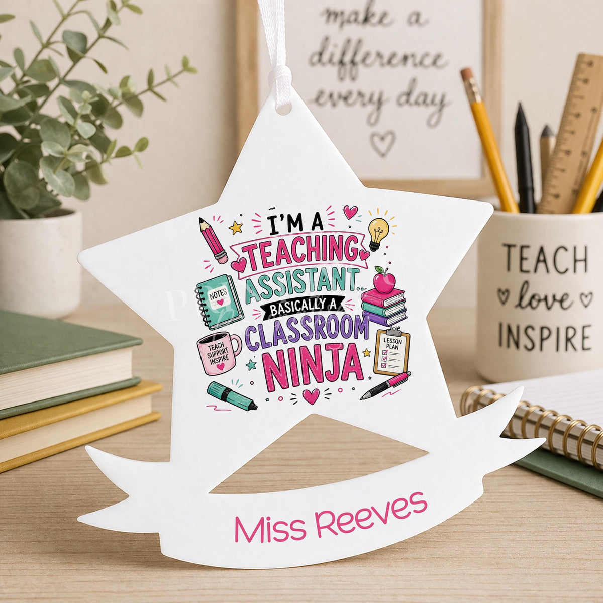 Personalised ninja star Christmas bauble with custom name, teaching assistant thank you gift