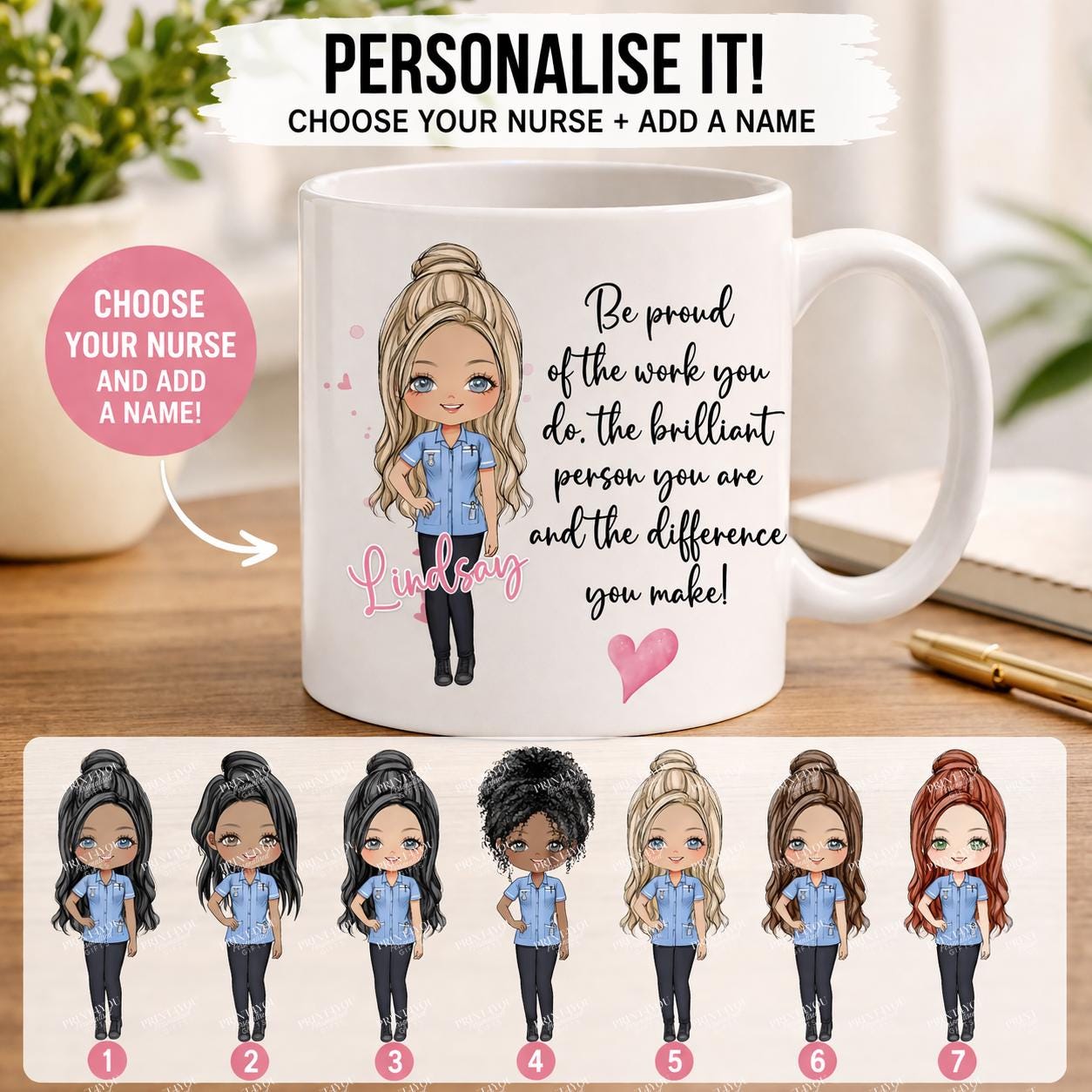 Personalised ceramic nurse mug with printed name, front view