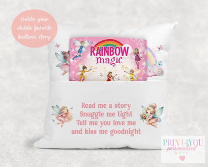 Personalised fairy rainbow book cushion styled on a child's bed