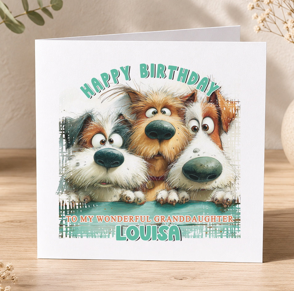 Personalised birthday card featuring three cartoon dogs with big eyes and happy expressions, with space for a custom name, age and relation