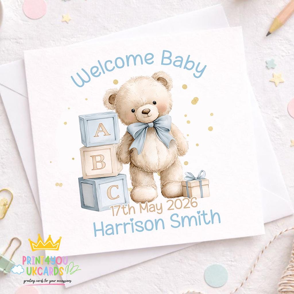 Square greeting card showing the front design of the Welcome Baby Boy card.