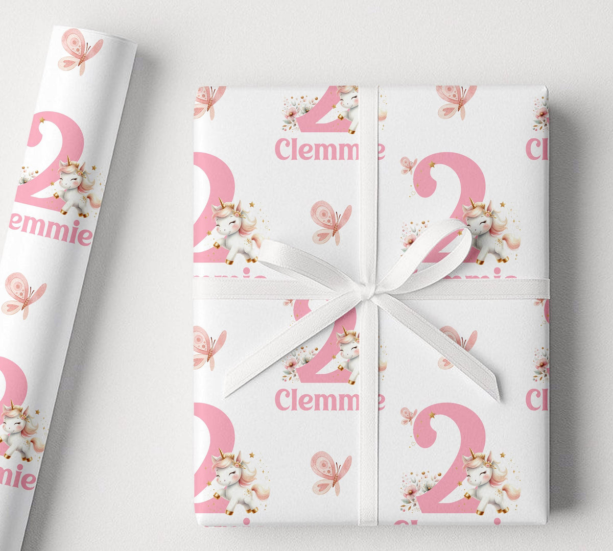 Gift wrapped in personalised pink unicorn wrapping paper