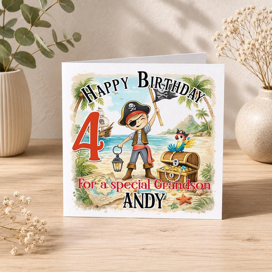 Personalised pirate birthday card, white 6x6 inch square card printed with a pirate, treasure chest, a large age number and a name