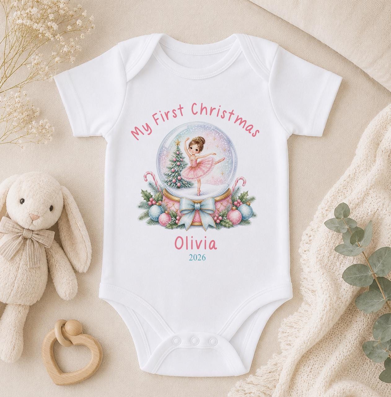 Personalised Baby Christmas Outfit - Ballerina Snow Globe, First Christmas 2026