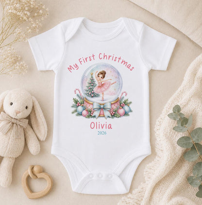 Personalised Baby Christmas Outfit - Ballerina Snow Globe, First Christmas 2026