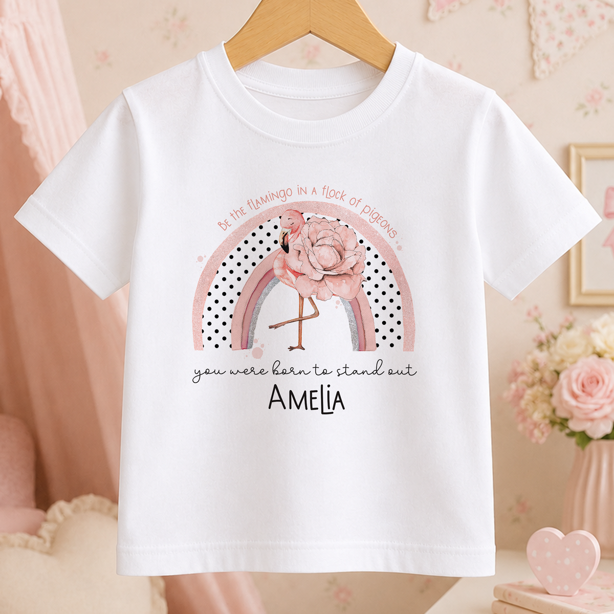 A white t-shirt with a pink flamingo graphic and a rainbow design, along with the text "Be the flamingo in a flock of pigeons. You were born to stand out. AMELIA" printed on it.