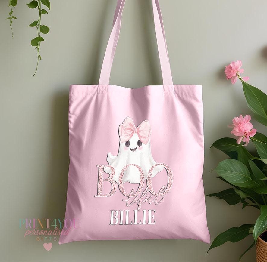 Personalised Halloween Tote – Custom Name BOO-tiful Ghost Bag - Pink