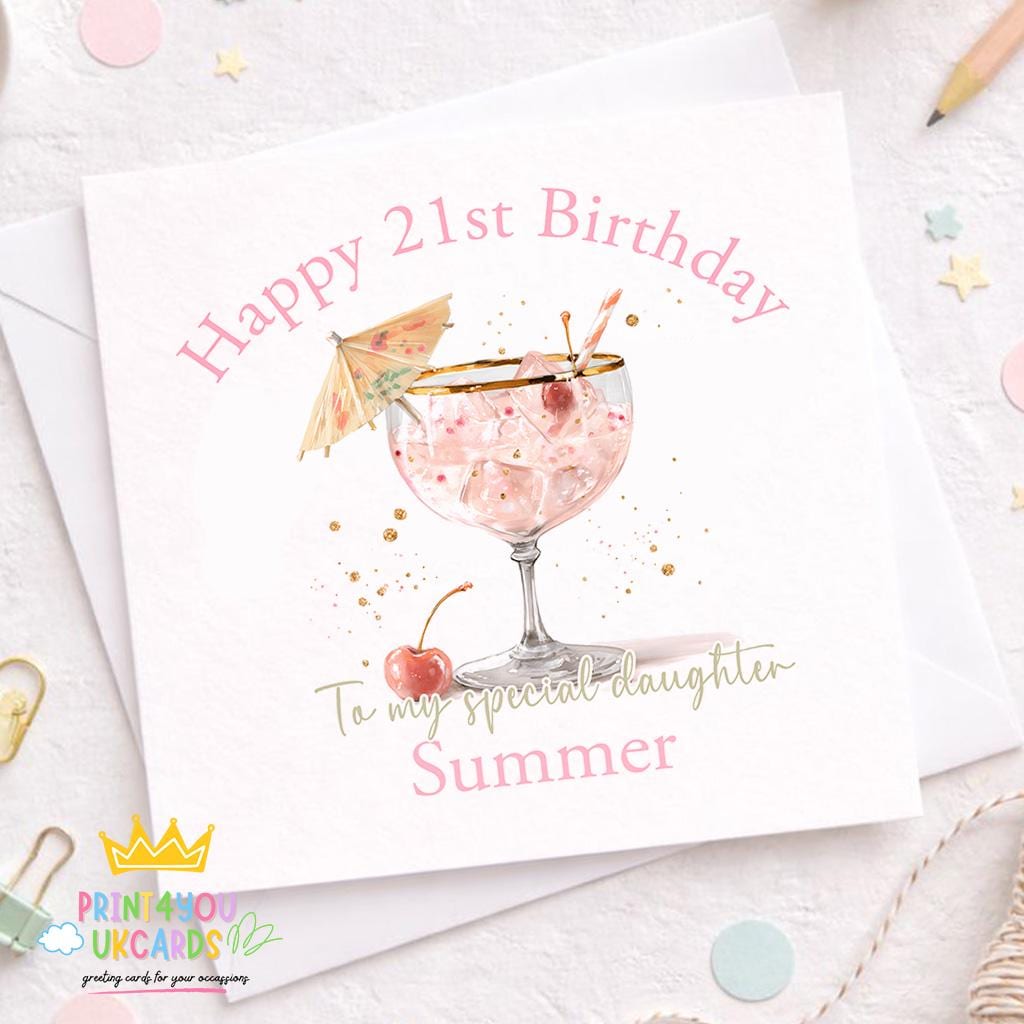 Personalised milestone birthday card with a pink gin cocktail design