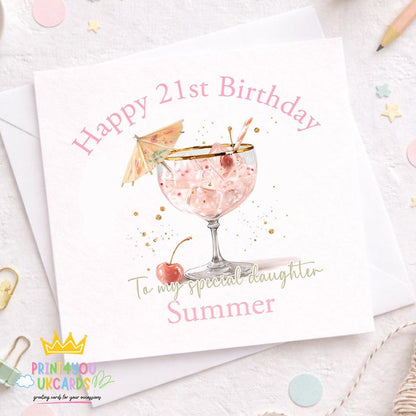 Personalised milestone birthday card with a pink gin cocktail design