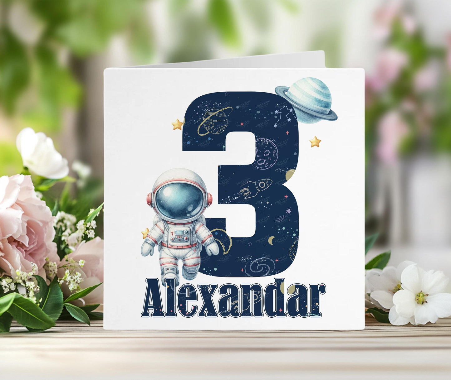 Personalised astronaut birthday card for kids, 6x6 inch square, front design only
