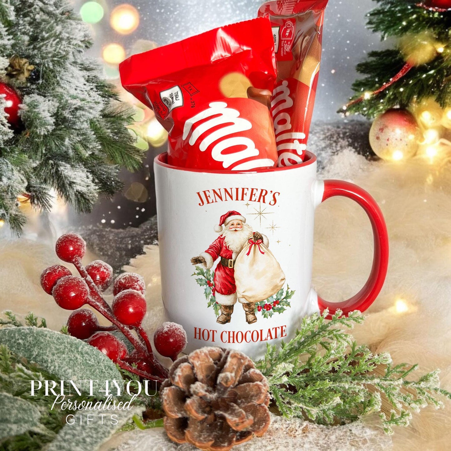 Personalised Santa Mug – Custom Name Christmas Gift – Red Handle Hot Chocolate Set - No