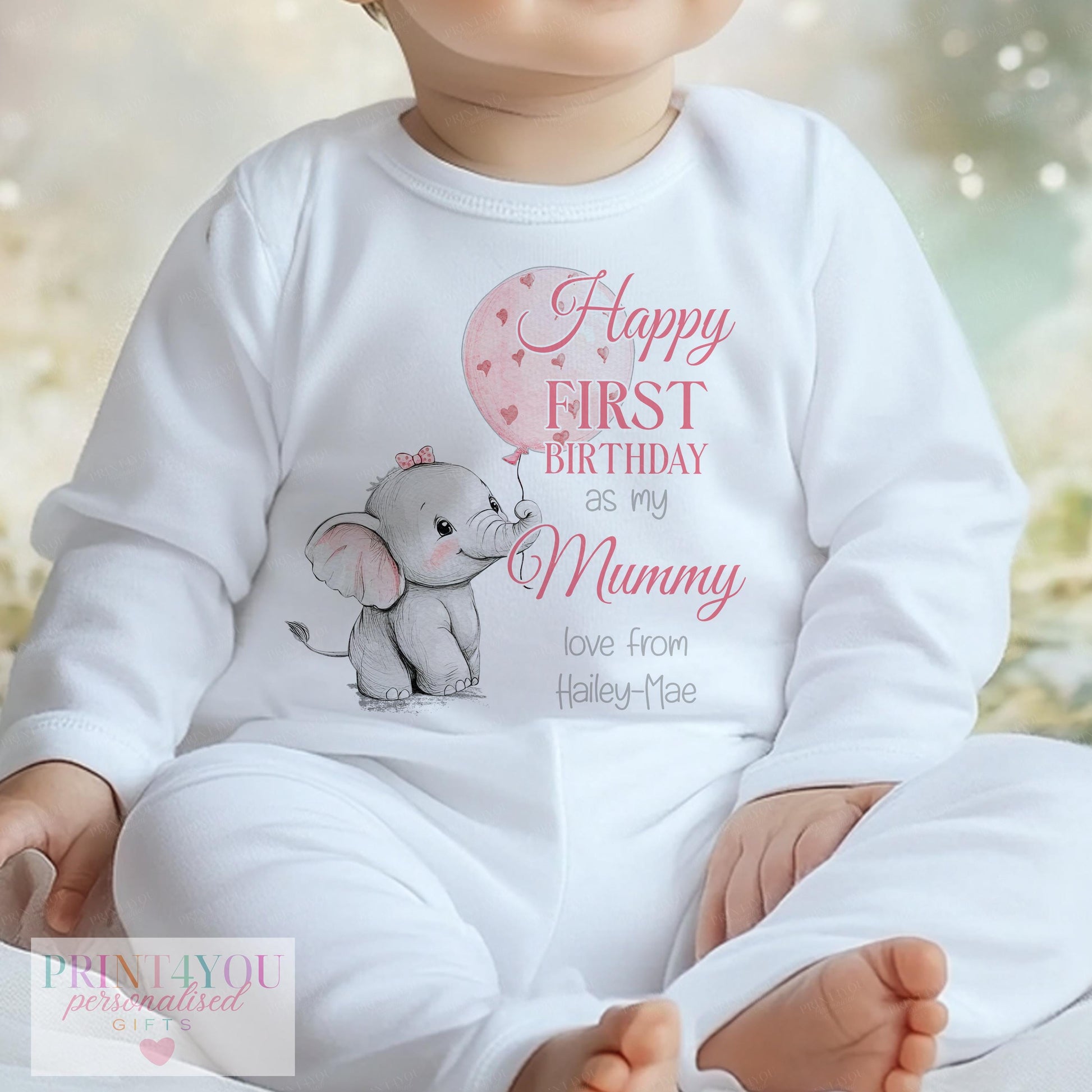 Personalised baby vest with elephant balloon first birthday design and custom name