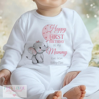 Personalised baby vest with elephant balloon first birthday design and custom name