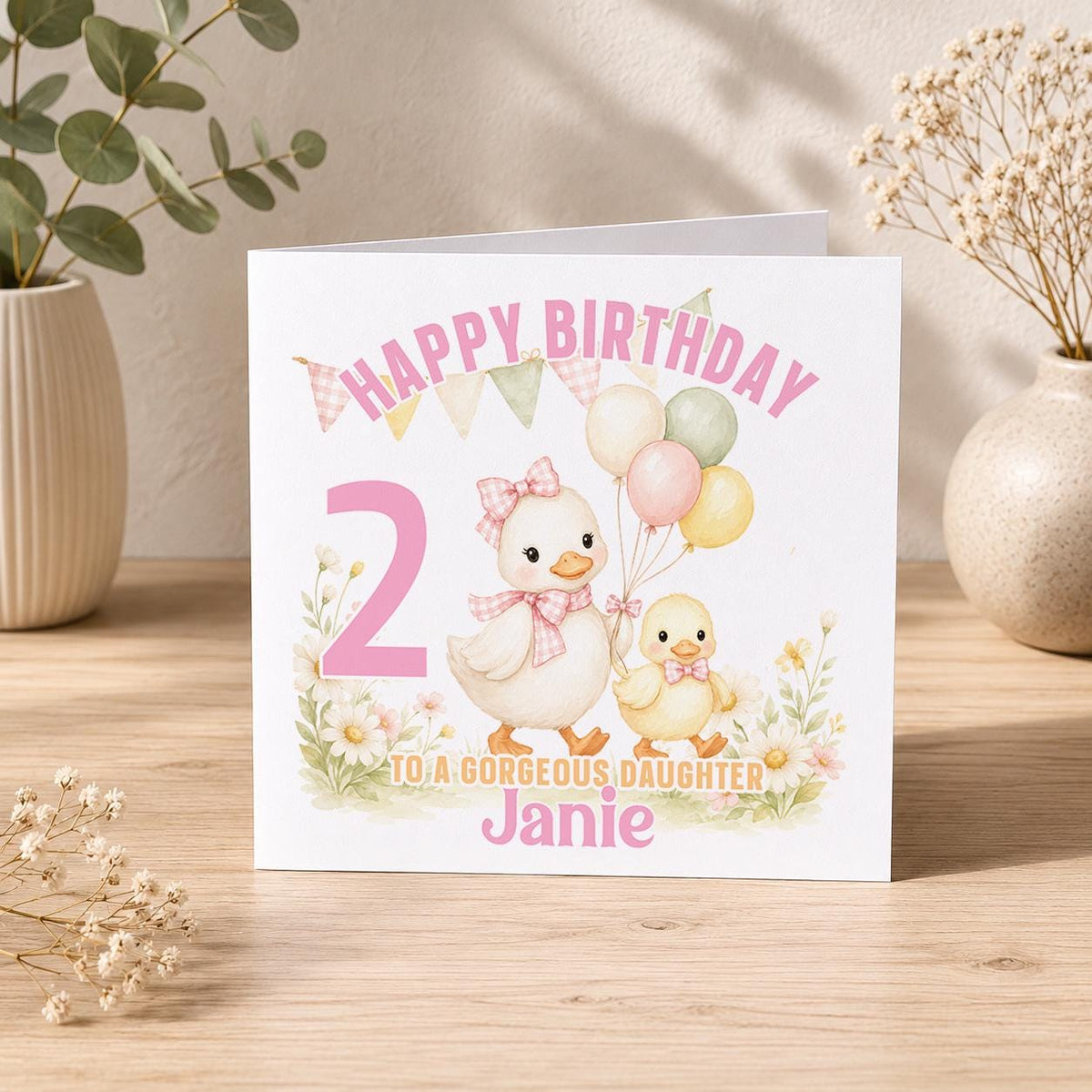 Inside page of the personalised duck birthday card, available blank or with a printed personal message.