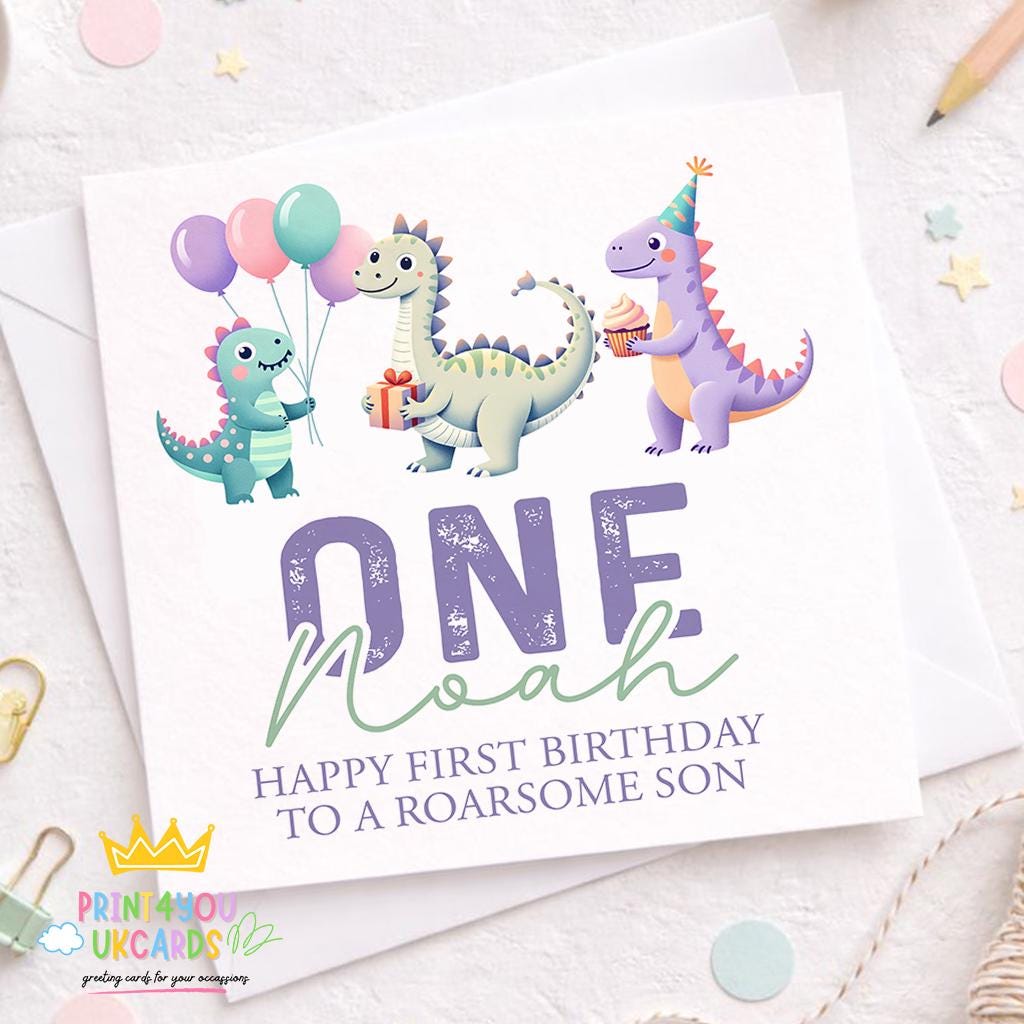 Square personalised dinosaur first birthday card shown closed