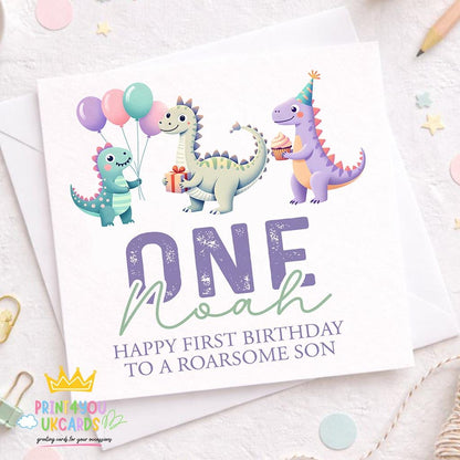 Square personalised dinosaur first birthday card shown closed