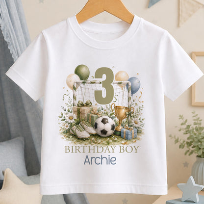 Personalised white t-shirt with a watercolour football, goal net, gold trophy and balloons, an age number and Birthday Boy above a name