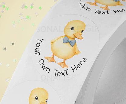 Personalised Yellow Duck Stickers – 5cm High Gloss smudgeproof for Party Bags Gifts, Duck blue bow - Strips (5cm each)
