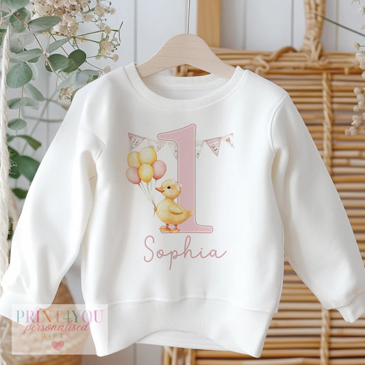 Personalised First Birthday Jumper – Pink Balloon Duck Birthday Sweatshirt for Toddlers - 6-12m SWEATSHIRT
