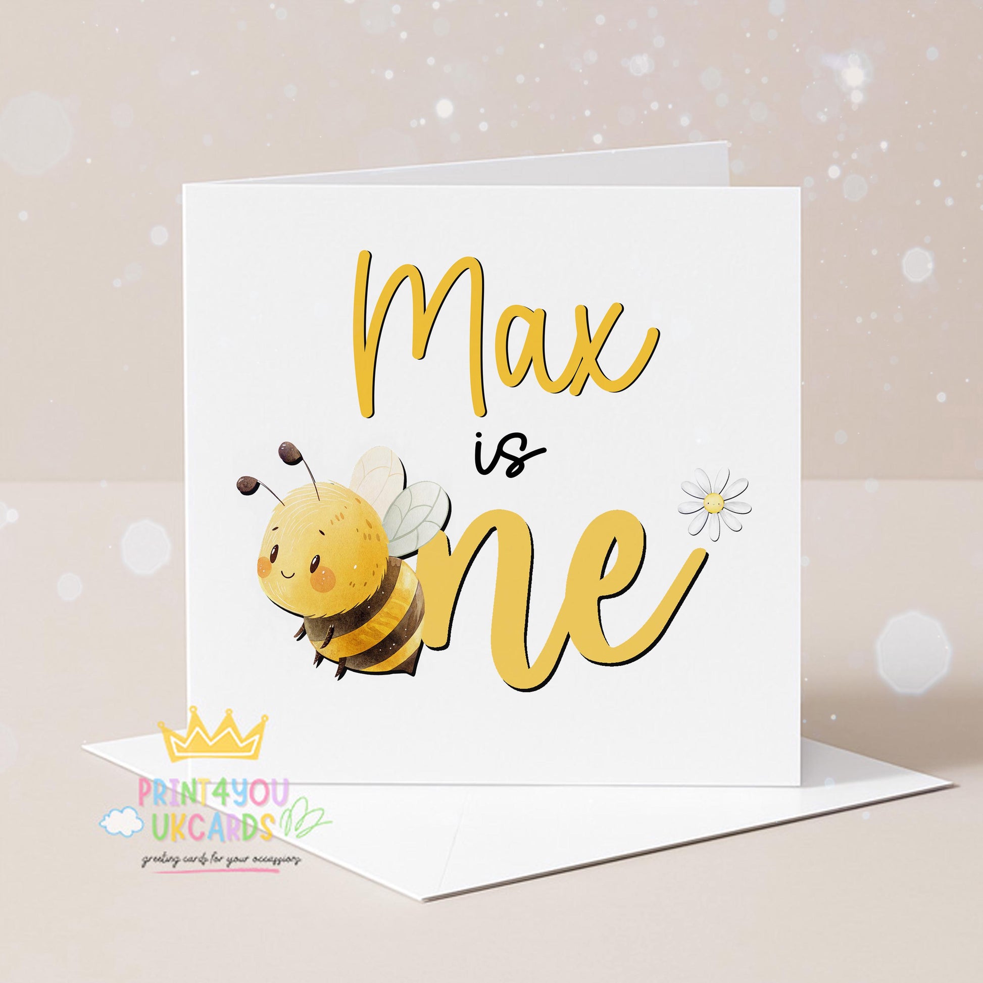 Front view of the personalised bee first birthday card printed on 350gsm card stock.