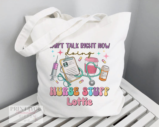 Highland Cow nurse tote bag with funny nursing slogan printed on white cotton