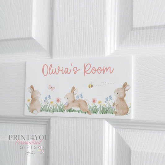 Personalised Bunny Rabbit Bedroom Door Plaque in White Acrylic - Adhesive pads