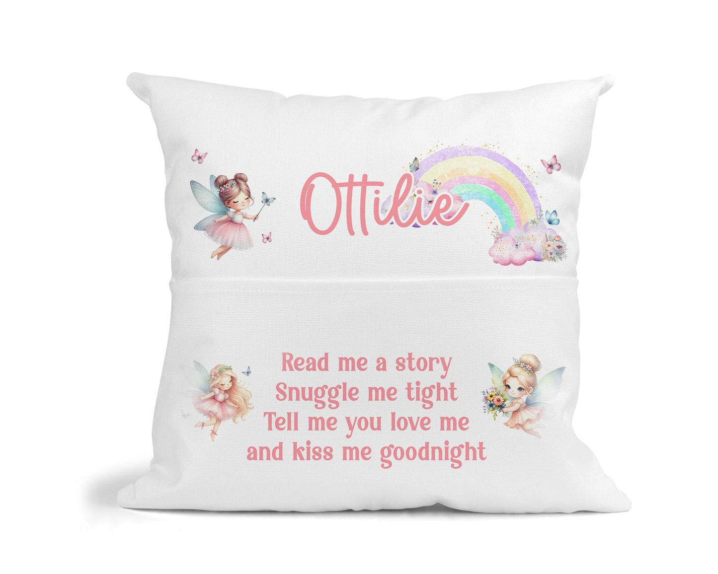 Personalised fairy rainbow book cushion, close-up of bedtime story design and text