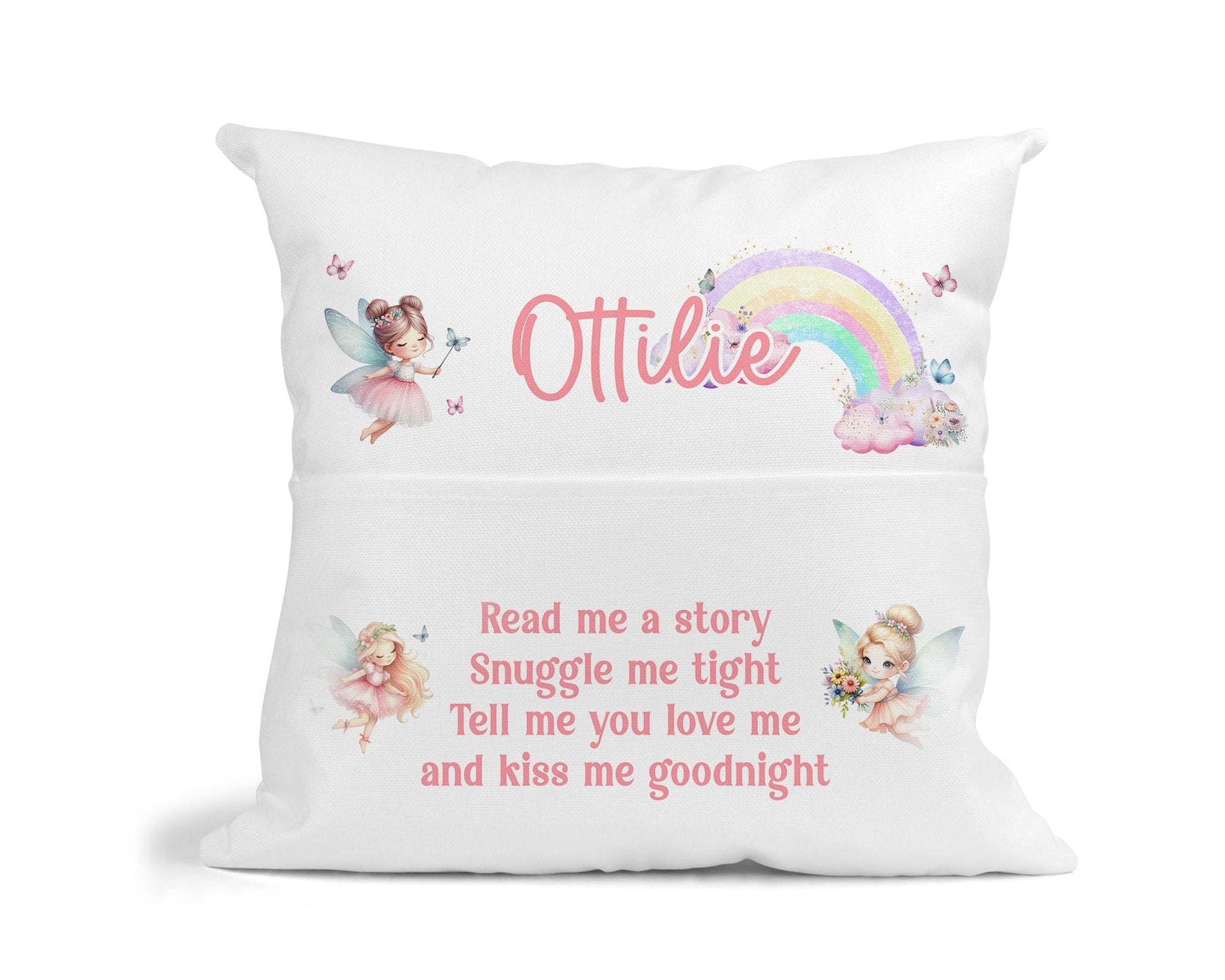Personalised fairy rainbow book cushion, close-up of bedtime story design and text