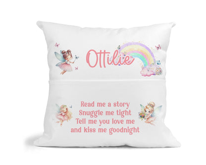 Personalised fairy rainbow book cushion, close-up of bedtime story design and text