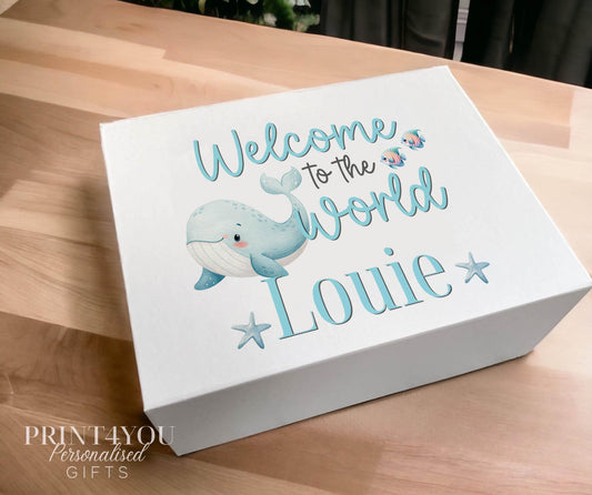 Whale-themed personalised baby keepsake box printed with a name