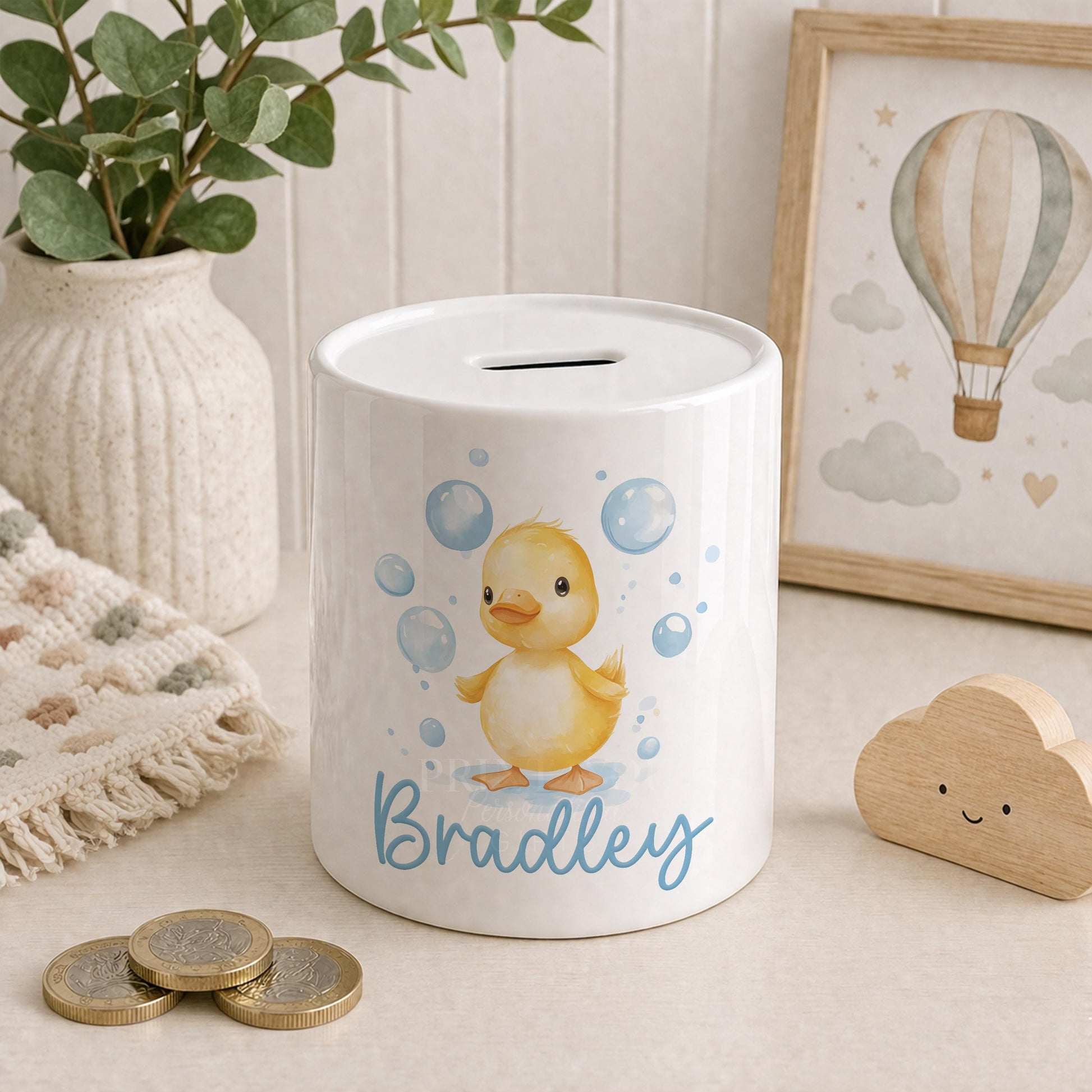 Personalised duck ceramic piggy bank for toddlers