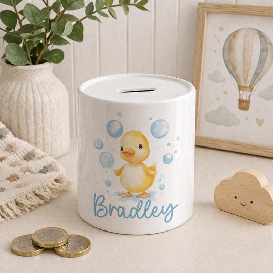 Personalised duck ceramic piggy bank for toddlers
