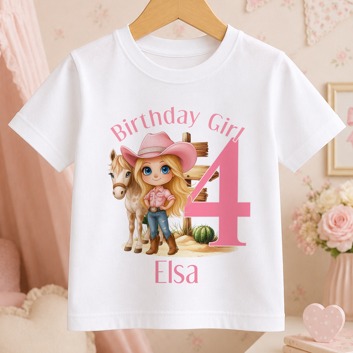 White t-shirt with a personalised cowgirl and horse design, birthday number and custom name printed on the front